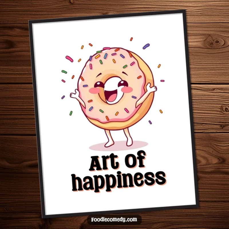 Funny donut poster with a happy expression gleefully juggling colorful sprinkles, bringing sweet energy and cheer to any wall.