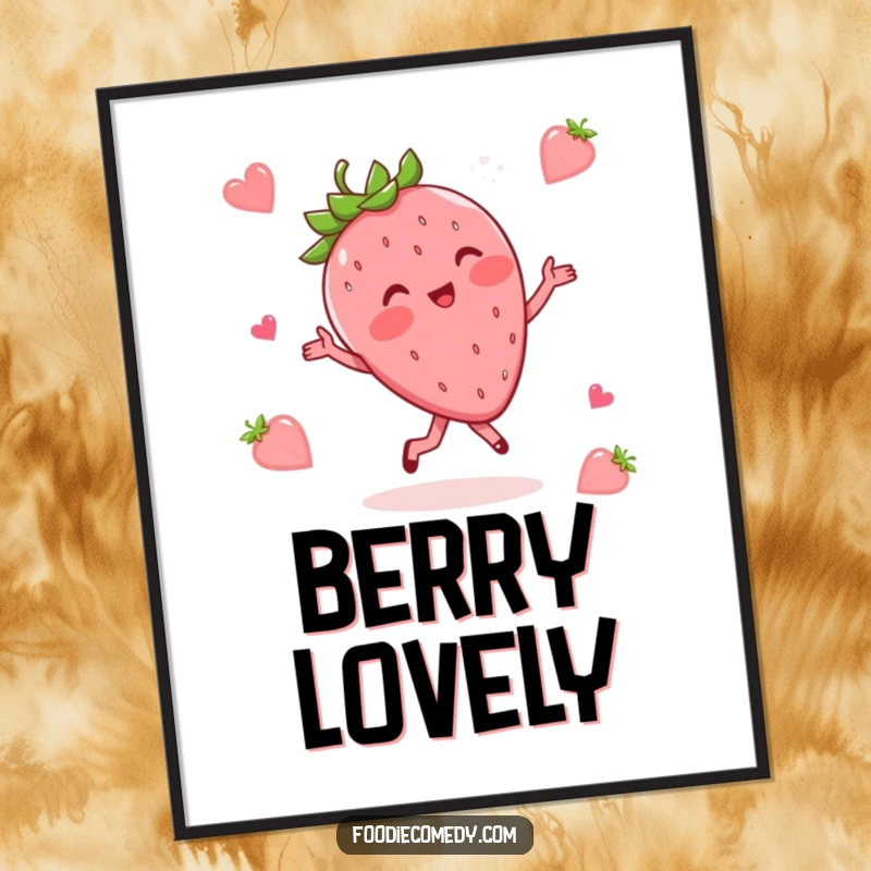 Funny poster art of a blushing strawberry performing a whimsical waltz, bringing sweet and humorous artistry to walls.