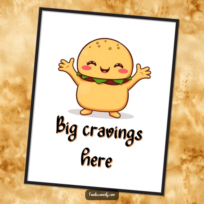 Funny burger poster, a happy burger character with its arms outstretched, offering a warm and humorous invitation.