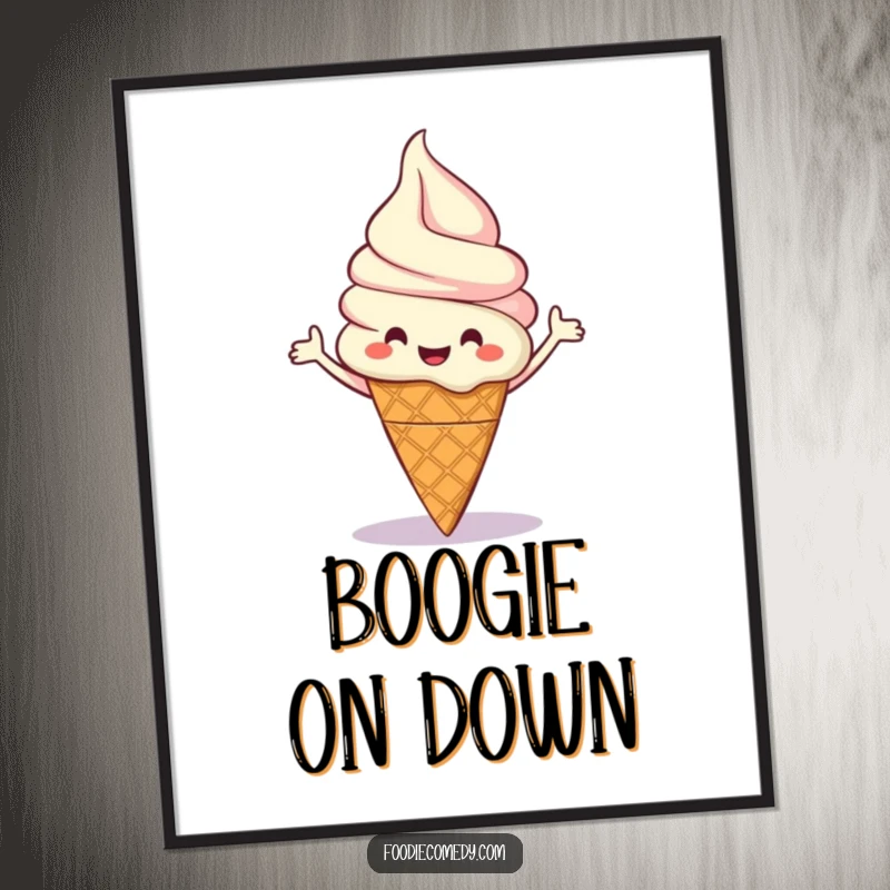 Funny poster of a happy ice cream cone character doing a lively boogie dance, perfect for adding fun decor.