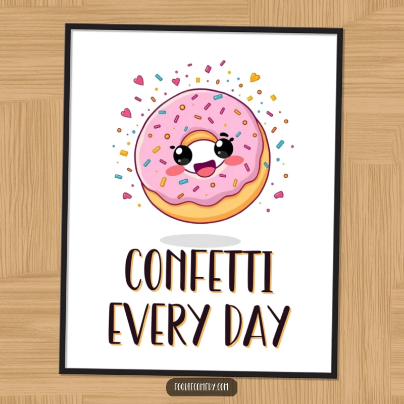 Funny poster art showcasing a delighted donut character in a sugary confetti explosion, bringing vibrant joy.