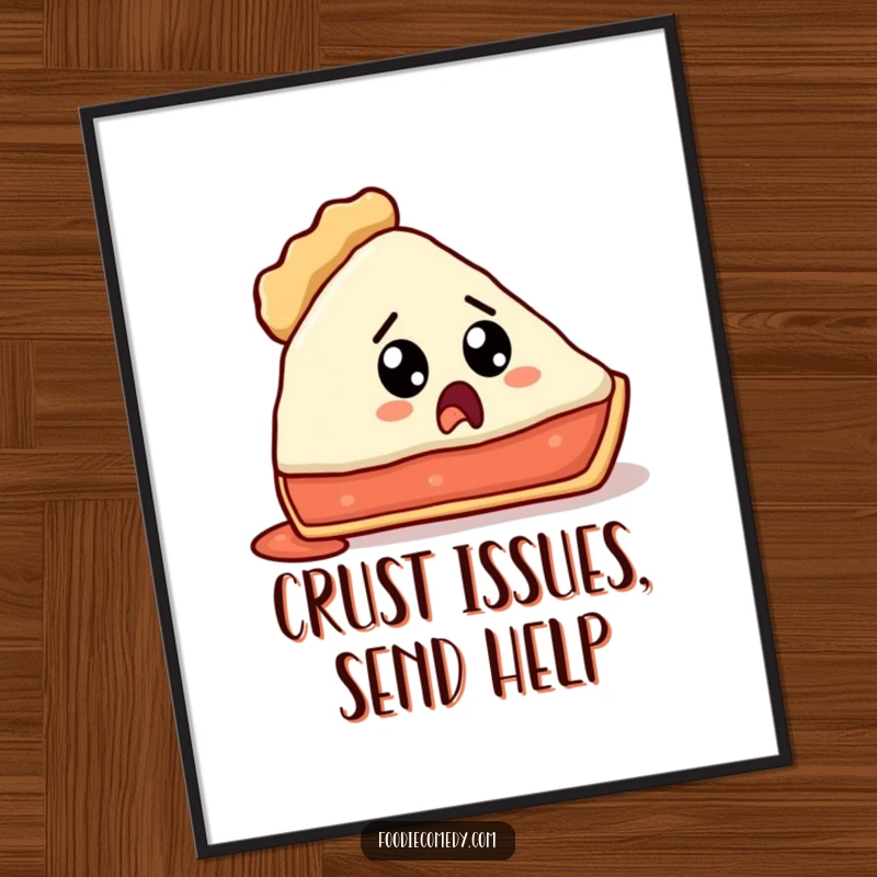 Funny poster of a pie slice with a surprised, crustless look, adding humor to wall decor.