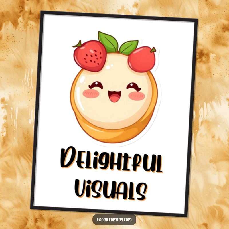 Funny fruit tart poster, a cute dessert character blushing with delight, adding sweet and charming art.
