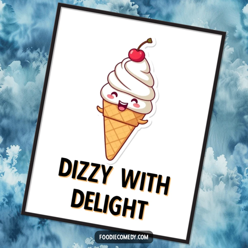 Funny giggling ice cream cone poster, a spinning dessert with a cherry on top for wall art.