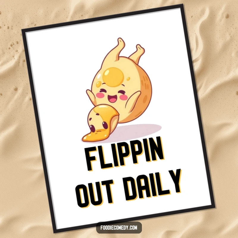 Funny pancake poster showcasing a happy pancake doing a syrup somersault, bringing breakfast cheer to any wall space.