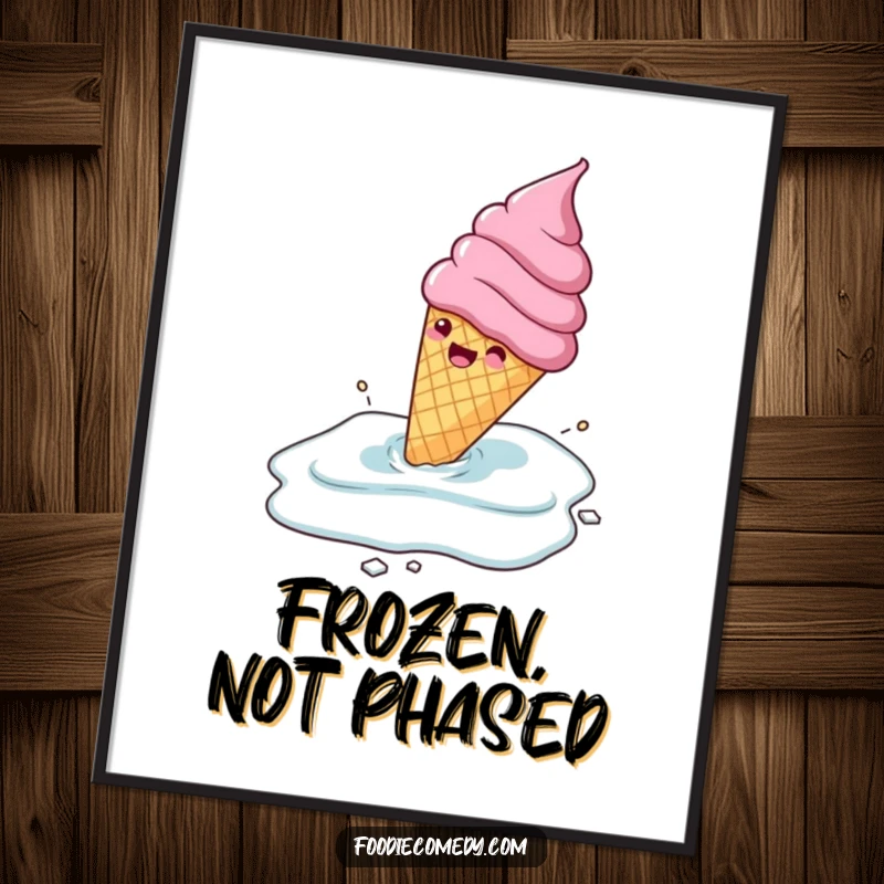 Funny gleeful ice cream cone sliding across a frozen surface with joy, displayed as a poster, offering humorous frozen wall art.