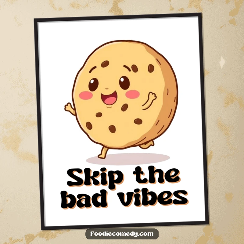 Funny poster art of a smiling cookie engaged in a happy little skip, radiating joy and sweetness for wall decor.
