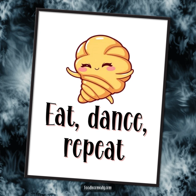 Funny croissant poster, a winking pastry executing a dramatic flamenco swirl, showcasing artistic bread-based entertainment.