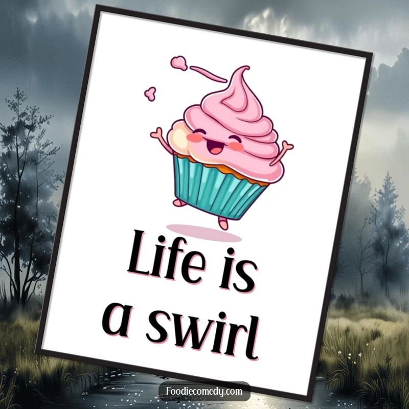 Funny poster of a cupcake character joyfully twirling with frosting flying, adding a touch of whimsical charm and sweet humor to any room. Perfect for kitchen decor.