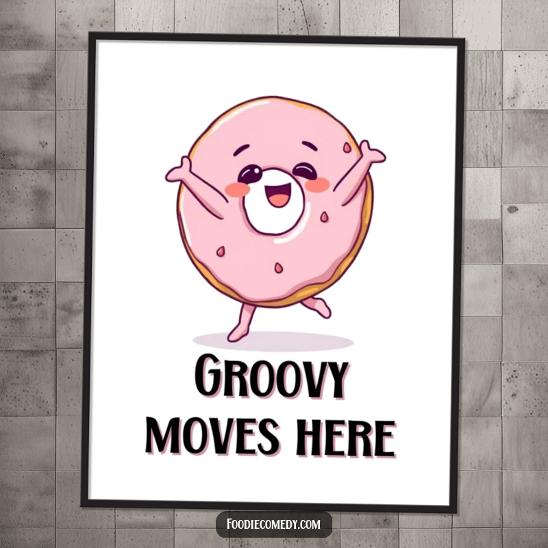Funny donut character in a dynamic breakdance pose, a colorful and humorous wall art poster.