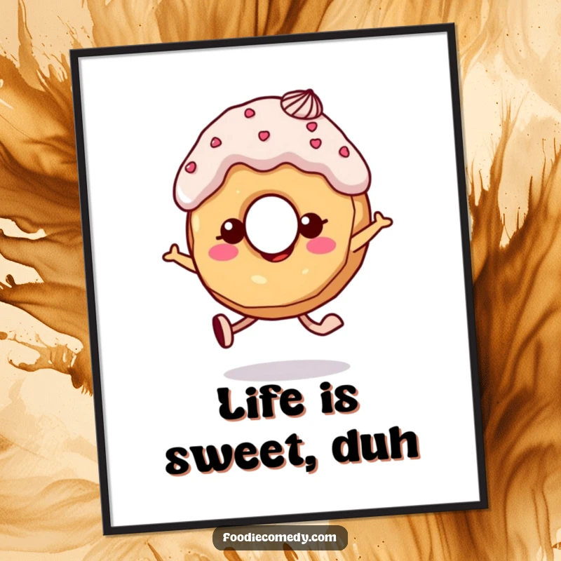 Funny donut poster art of a skipping character with frosting hair, bringing playful joy to any room.
