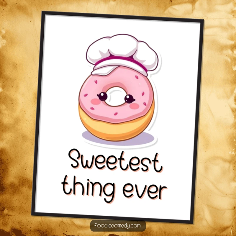 Funny poster art of a kawaii donut character in a baking hat, covered in sweet frosting, celebrating baking.