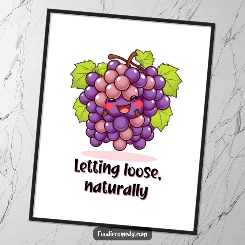 Funny bunch of grapes poster performing a playful cha-cha, vibrant and cheeky wall art with fruity dance moves.