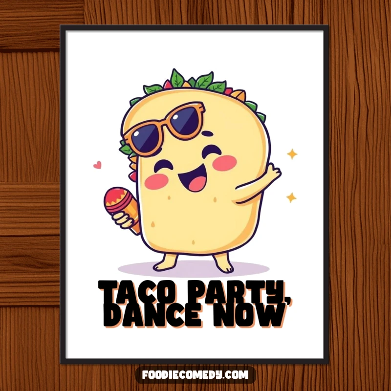 Funny poster art of a groovy taco dancing and shaking tiny maracas.