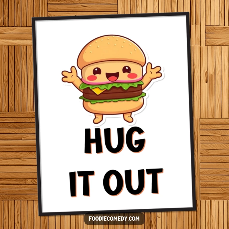 Funny happy burger poster, a welcoming character with outstretched arms ready for a comforting hug.