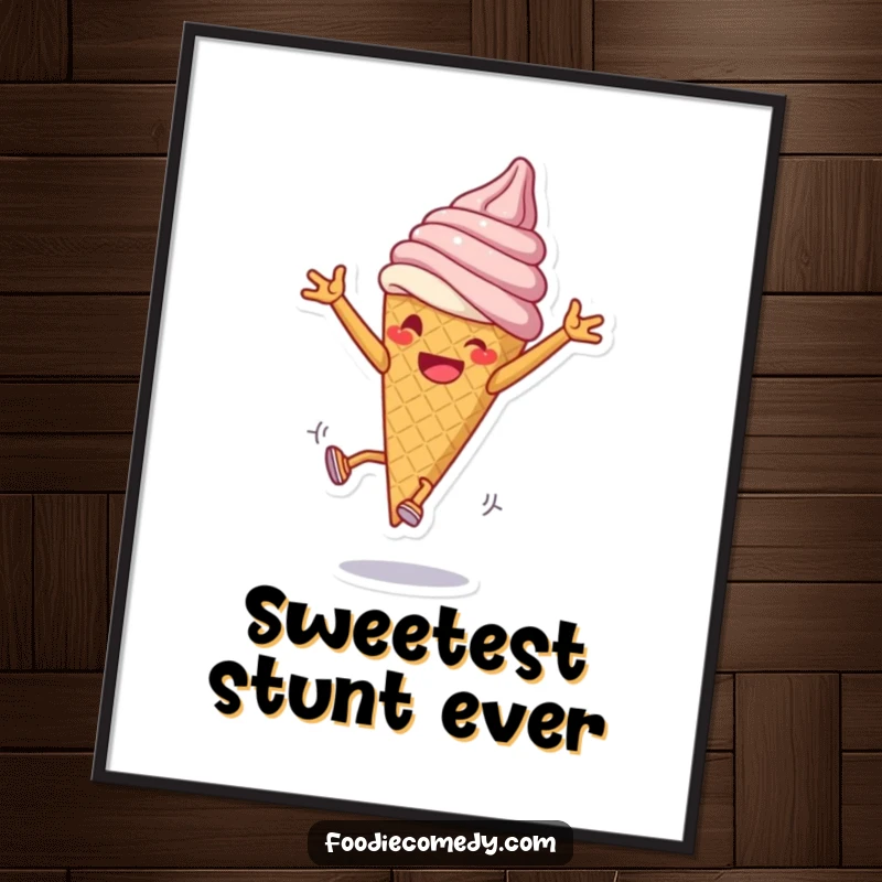 Funny Ice Cream Cartwheel Poster: A grinning ice cream cone performs cartwheels, creating whimsical and humorous wall art.
