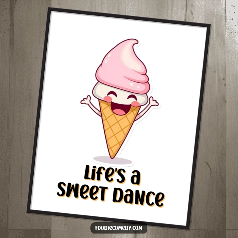 Funny ice cream cone poster showing a laughing character doing a funky shimmy, embodying sweet fun.