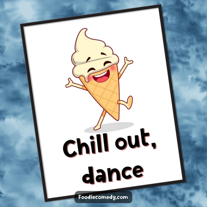 Funny Ice Cream Dance Poster: A lively artwork of a goofy ice cream cone breakdancing, dripping with fun and excitement.