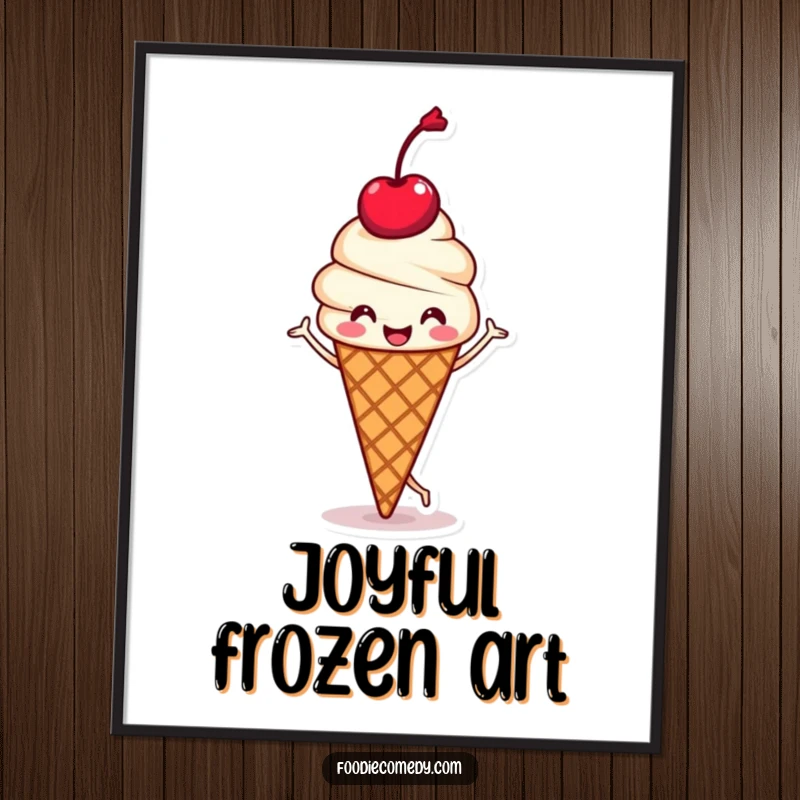 Funny poster print of a kawaii ice cream cone with a cherry head doing a happy jig, adding a sweet and humorous touch to decor.