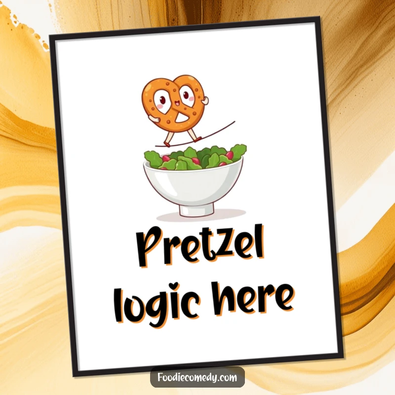 Funny kawaii pretzel poster, brave pretzel performing a tightrope walk over a salad bowl, humorous food wall art, cute snack illustration, perfect funny gift.