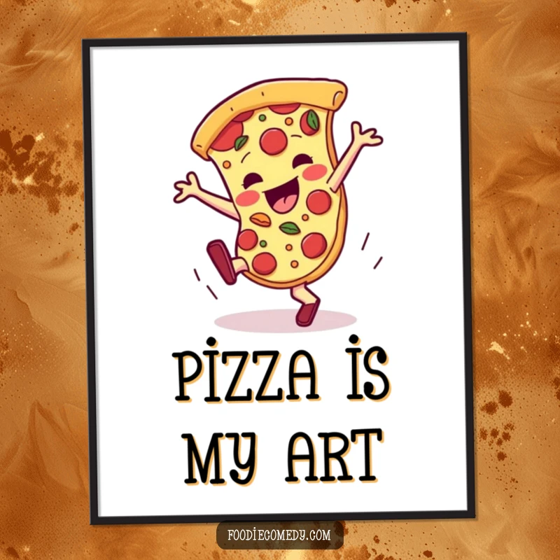 Funny pizza poster, a vibrant slice breakdancing with enthusiastic toppings, bringing energetic food art.