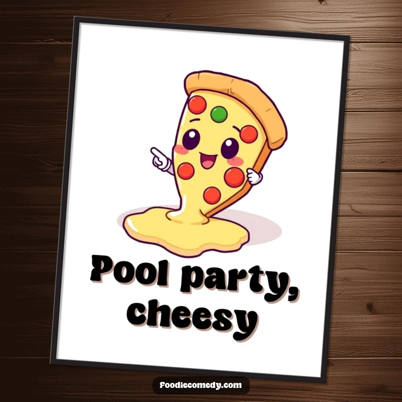 Funny poster art of a kawaii pizza slice character pointing excitedly at a gooey pool of cheese, celebrating cheesy goodness.