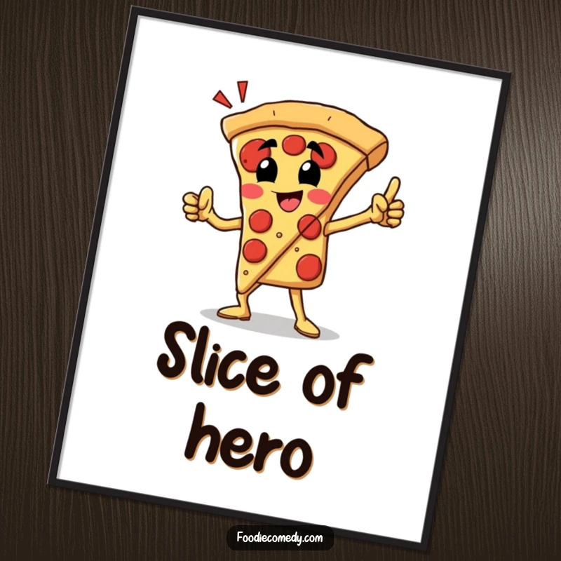 Funny pizza slice poster print of a proud character in a heroic pose, celebrating deliciousness and epic style.