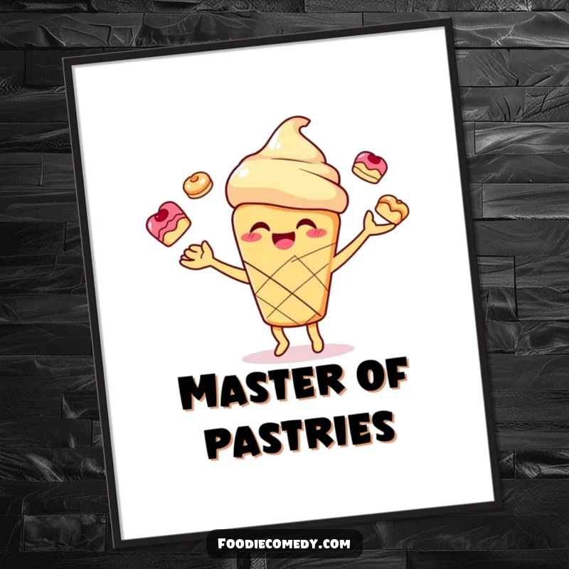 Funny smiling scone character joyfully juggling small pastries displayed as vibrant wall art, perfect for kitchen decor.