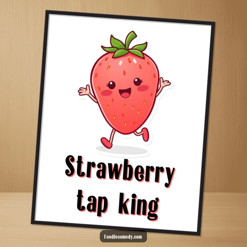 Funny strawberry poster, smiling and performing a rhythmic tap dance, bringing sweet and energetic fruit art.