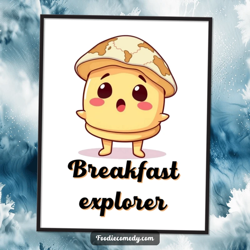 Funny Poster: A pancake character wears a map as a hat, expressing comical surprise and readiness for an unexpected adventure.