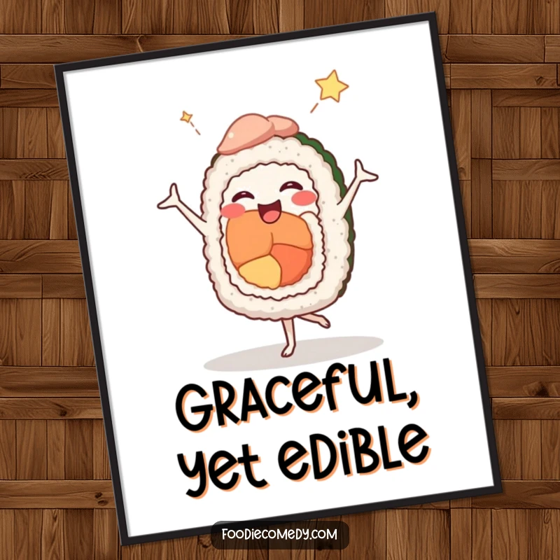 Funny poster print of a joyful sushi roll in a comedic ballet pose, bringing artistic humor and whimsy to any space.