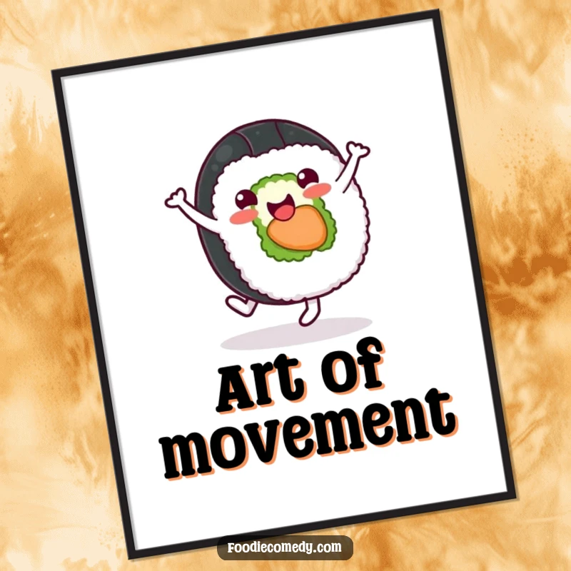 Funny sushi roll poster with a cheerful expression doing a cartwheel, bringing playful energy and Japanese flair to any wall.