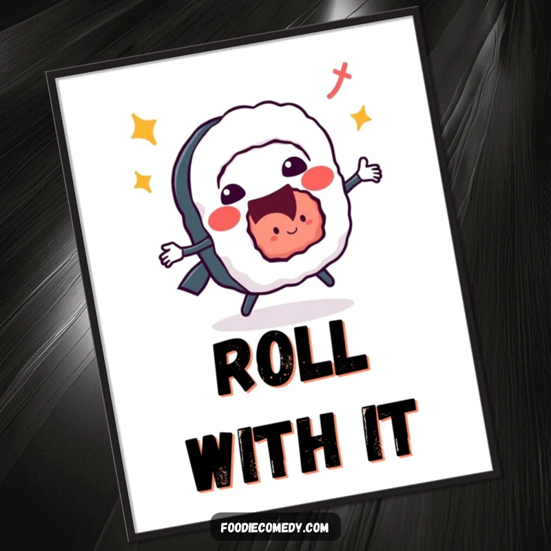 Funny sushi roll poster doing a vibrant jitterbug, energetic and cheerful wall art with delicious dance moves.