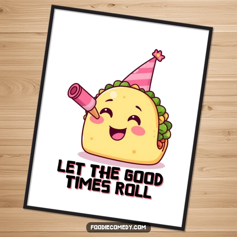 Funny Taco Poster: A smiling taco in a party hat blowing a horn, radiating fun and fiesta vibes.