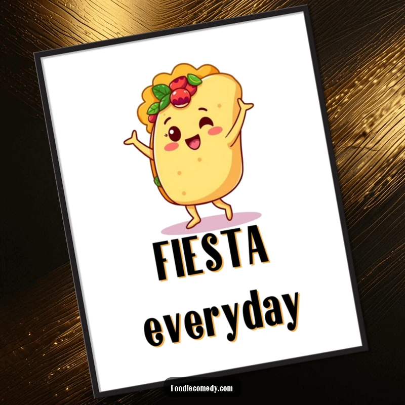 Funny poster of a jubilant taco character performing an energetic salsa dance, adding a splash of color and humor.