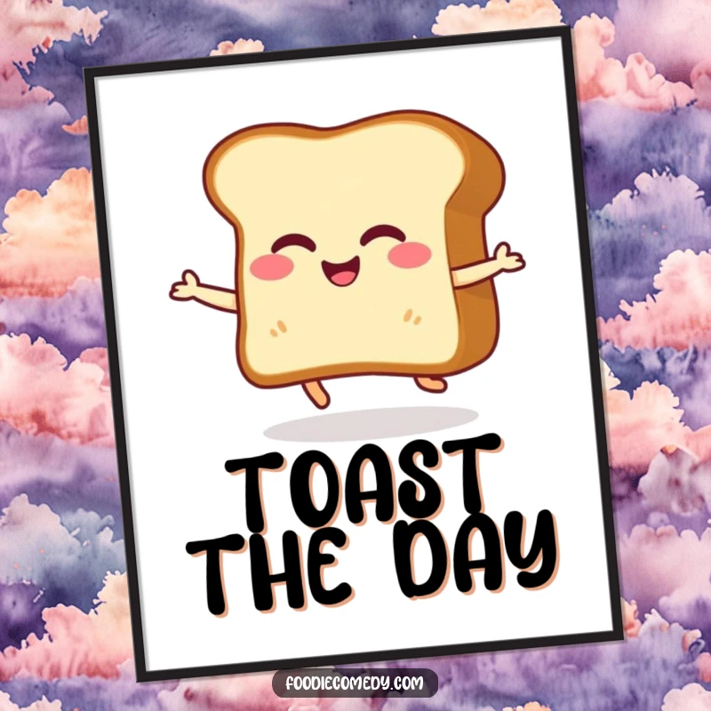 Funny poster art of a giggling slice of toast doing a happy little shuffle, bringing animated humor to any wall.
