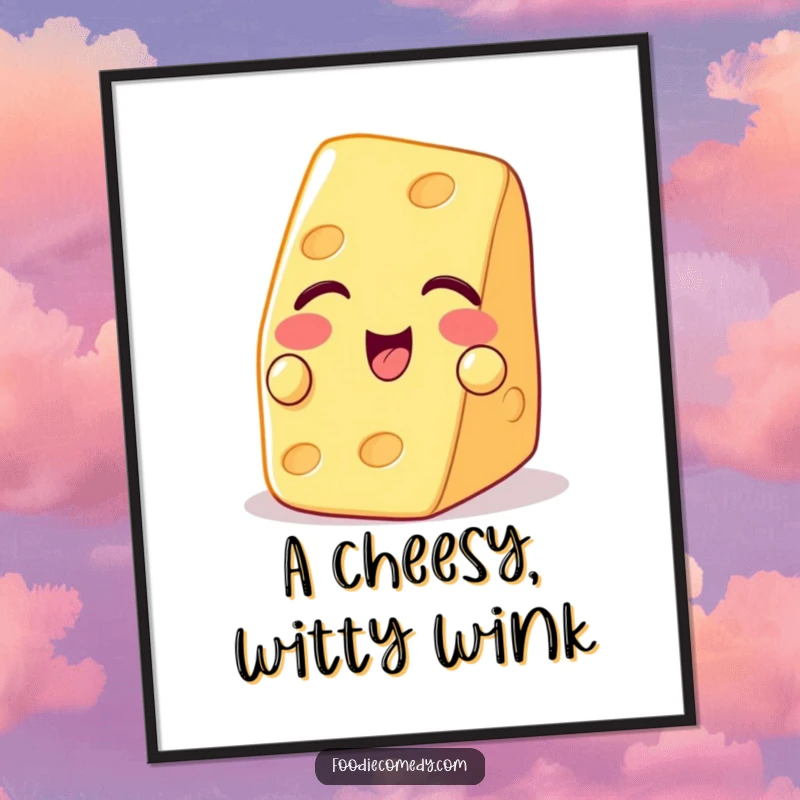Funny poster of a piece of cheese winking with a cracker, adding playful charm to wall decor.