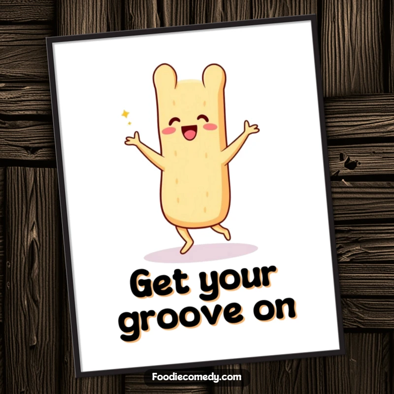 Funny baguette poster, a beaming loaf performing a lively Charleston, vintage dance art with bread-based charm.