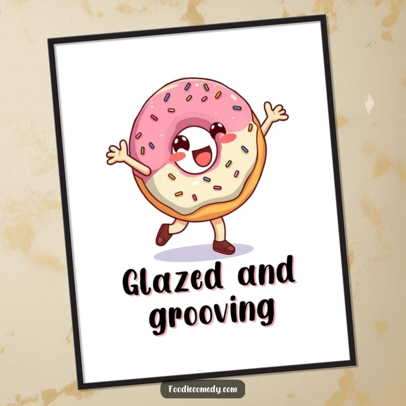 Funny Donut Poster: An artistic print of a happy donut breakdancing with sprinkles, adding a playful and energetic vibe to decor.