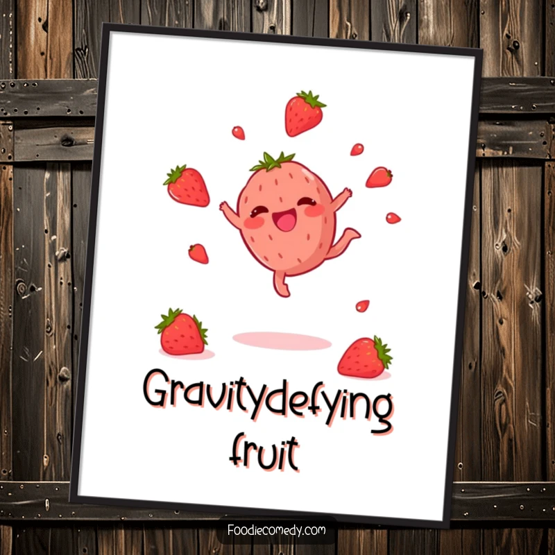 Funny Strawberry Poster: An artistic depiction of a happy strawberry performing a cartwheel with seeds flying, adding a playful vibe.