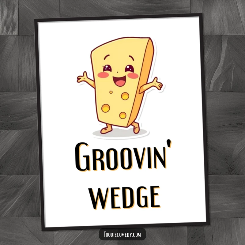 Funny cheese wedge character performing breakdance moves on a poster, evoking urban cool and humorous fun.