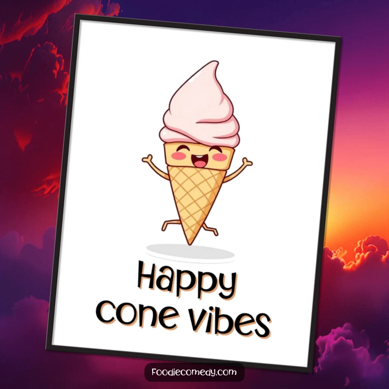 Funny poster featuring an ice cream cone in a lively jigging pose, adding a cheerful and humorous dessert-themed atmosphere.