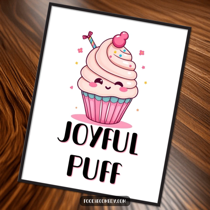 Funny Cupcake Party Poster: A whimsical kawaii cupcake character joyfully blowing a party favor, perfect wall art.