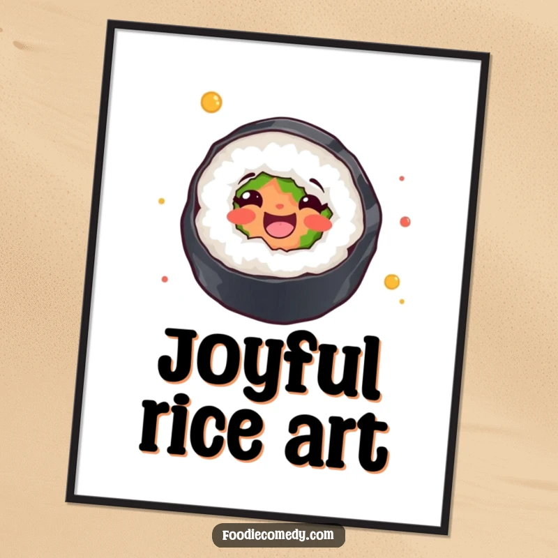 Funny poster featuring a sushi roll in a joyful, free-spirited twirl, adding a whimsical and humorous atmosphere.