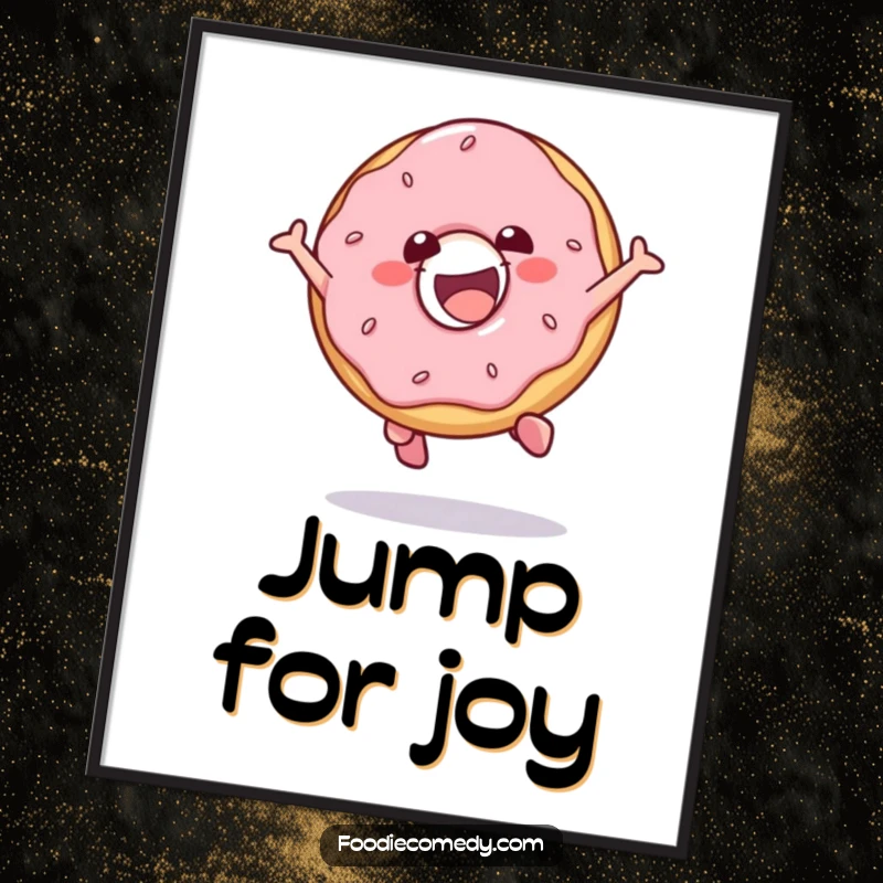 Funny poster of a gleeful donut character caught mid-jump, adding a dose of energy and humor to any room.