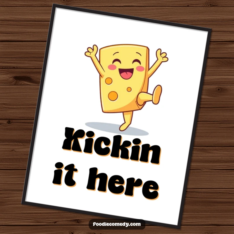 Funny smiling cheese wedge performing a high kick, a celebratory food art poster.