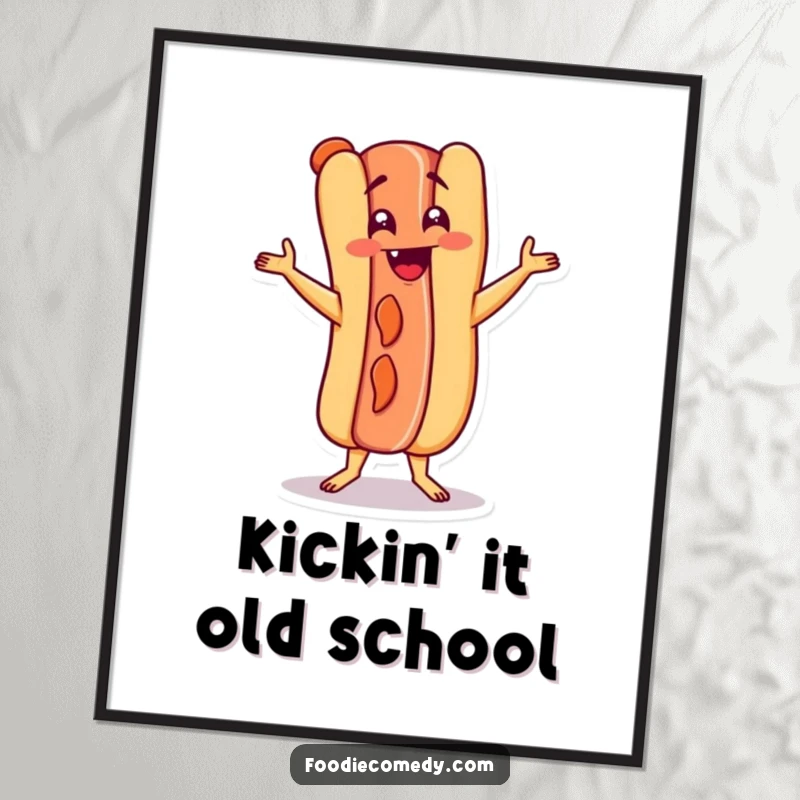 Funny hot dog character performing the Charleston dance on a poster, evoking retro fun and humor.