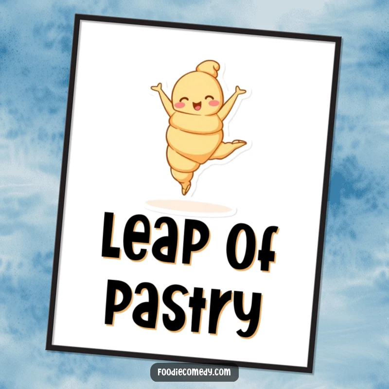 Funny croissant character captured mid-ballet leap on a poster, showcasing elegant movement and delightful humor.