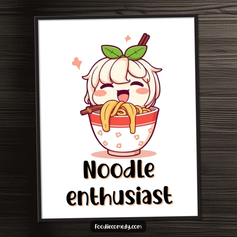 Funny Poster: A happy cup of noodles character slurps noodles with gusto, creating a vibrant and amusing piece of food art.