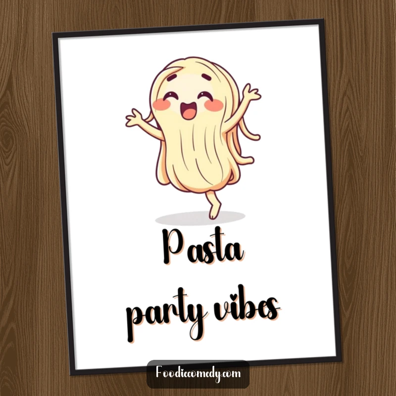 Funny wiggling noodle poster, a cartoon pasta character joyfully doing a silly dance, adding vibrant, humorous art.
